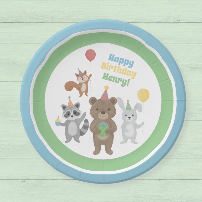 Prato De Papel Animais de Festa de Aniversário (Forest animals custom paper plate for a birthday party. Cute party animals and editable text.)