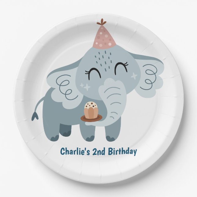Prato De Papel Animais de festa, Elefante com presentes e chapéu  (Frente)