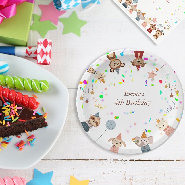 Prato De Papel Animais de festa personalizáveis (Girly Birthday Party Animals customizable Paper Plates)