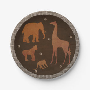 Prato De Papel Animais de Safari Africano Vintage Marrom da Selva
