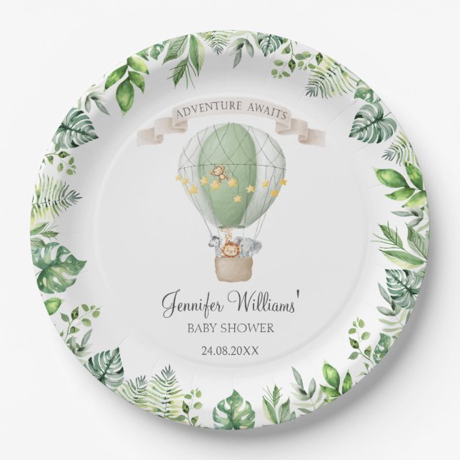 Prato De Papel Animais Safari no chá de bebê de balão de ar quent (Frente)