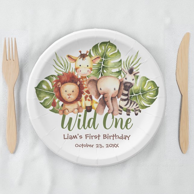 Prato De Papel Animais Safari Selvagem Verde Primeiro Aniversário (Criador carregado)