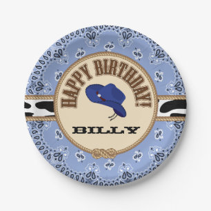 Prato De Papel Aniversário azul do vaqueiro, placas customizáve
