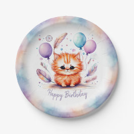 Prato De Papel Aniversário Balões de Gatinho Vermelho Aquarela Fo