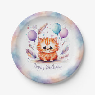 Prato De Papel Aniversário Balões de Gatinho Vermelho Aquarela Fo