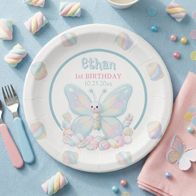 Prato De Papel Aniversário Borboleta de Algodão Doce Azul (Blue Butterfly Birthday Paper Plate)