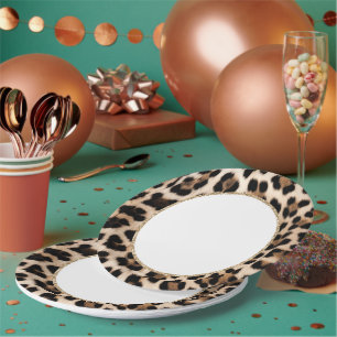 Prato De Papel Aniversário Brilho Dourado Animal Leopardo Creme