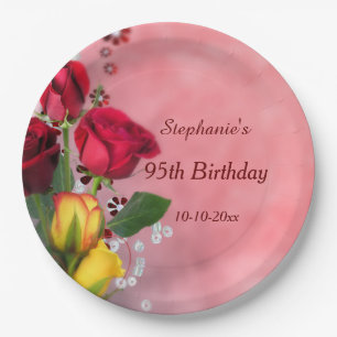 Prato De Papel Aniversário chique dos rosas vermelhos & amarelos