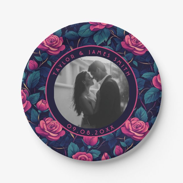 Prato De Papel Aniversário Colorido de Rosa para Casal (Frente)