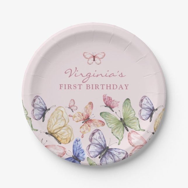 Prato De Papel Aniversário da Borboleta Rosa (Frente)