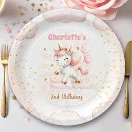 Prato De Papel Aniversário da Garota do Unicórnio Rosa