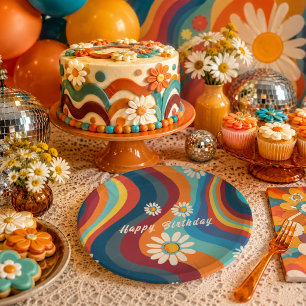 Prato De Papel Aniversário da Margarida Arco-Íris Retro Groovy do