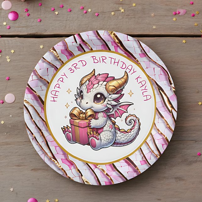 Prato De Papel Aniversário da Menina de Dragão Dourado e Rosa (Criador carregado)
