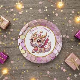 Prato De Papel Aniversário da Menina de Dragão Dourado e Rosa