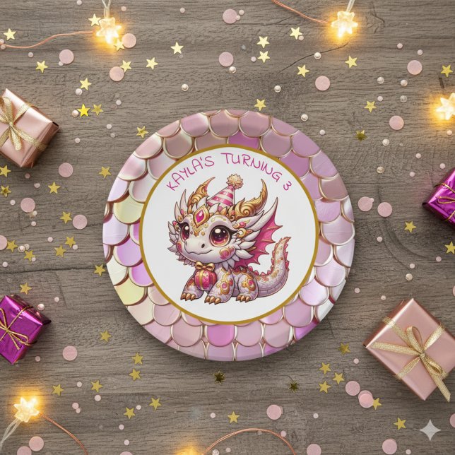 Prato De Papel Aniversário da Menina de Dragão Dourado e Rosa (Criador carregado)
