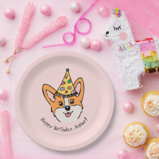 Prato De Papel Aniversário da Menina do Tema Corgi Personalizada