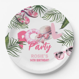 Prato De Papel Aniversário da Piscina Rosa Branca