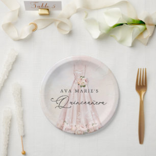 Prato De Papel Aniversário da Quinceañera Floral Rosa Elegante