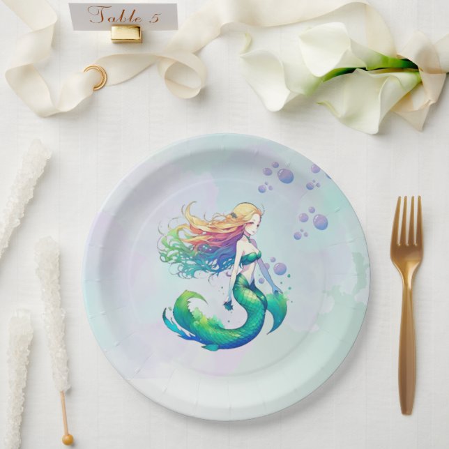 Prato De Papel Aniversário da Sereia Roxa e Dourada sob o Mar (Casamento)