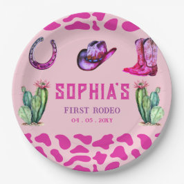 Prato De Papel Aniversário da Western Cowgirl First Rodeo Pink Gi