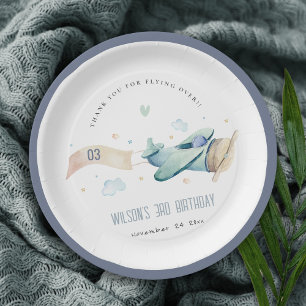 Prato De Papel Aniversário das Nuvens de Avião Azul Aqua Verde