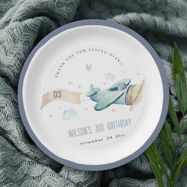 Prato De Papel Aniversário das Nuvens de Avião Azul Aqua Verde (Criador carregado)