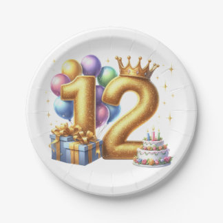 Prato De Papel Aniversário de 12 anos dourado
