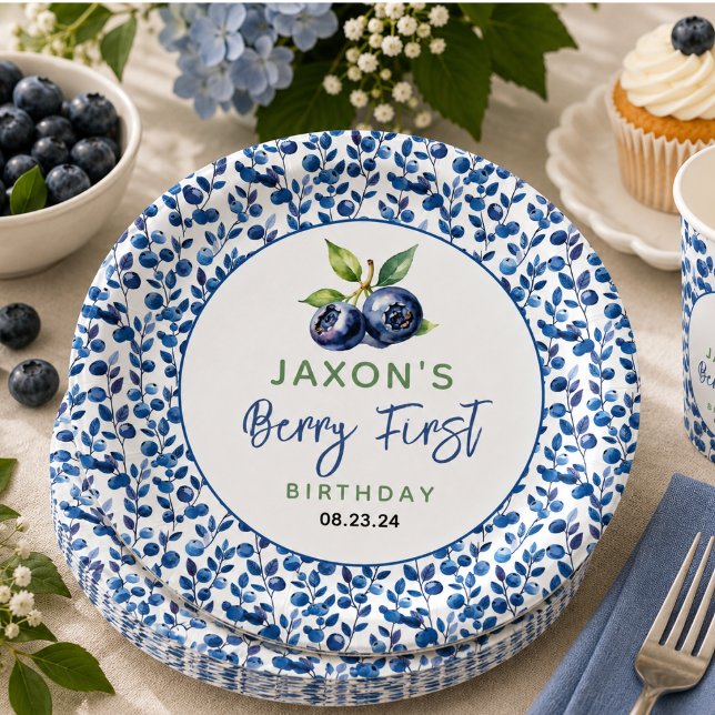Prato De Papel Aniversário de 1 ano Berry First Blueberry (Berry First Blueberry 1st Birthday Party Paper Plates)
