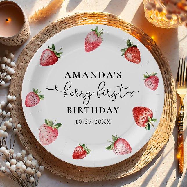 Prato De Papel Aniversário de 1 ano da Morango Doce de Morango (Criador carregado)
