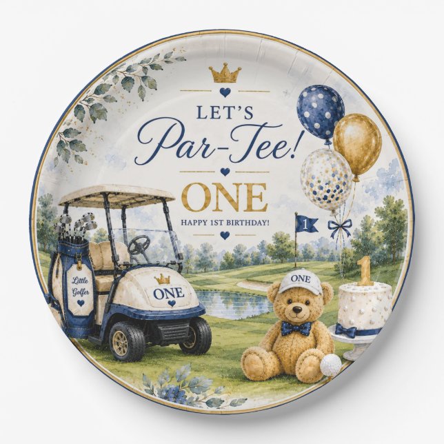Prato De Papel Aniversário de 1 ano de golfe com carrinho de golf (Frente)