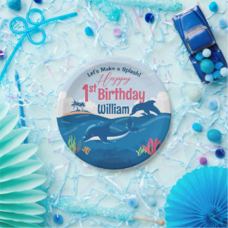 Prato De Papel Aniversário de 1 ano: Diversão e Golfinhos Colorid