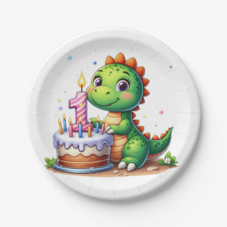 Prato De Papel Aniversário de 1 ano do Dino