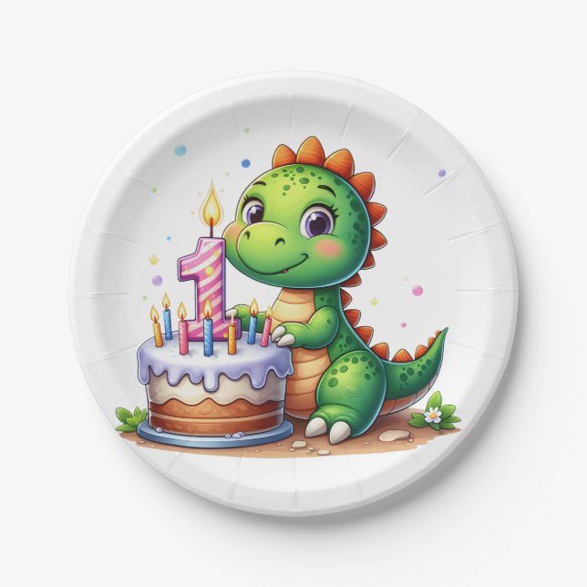 Prato De Papel Aniversário de 1 ano do Dino (Frente)