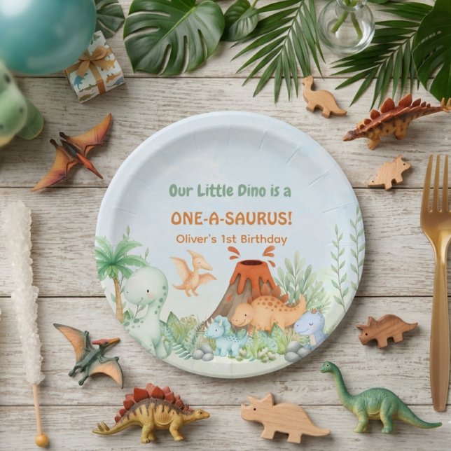 Prato De Papel Aniversário de 1 ano do Dinossauro One-A-Saurus  (One-A-Saurus Dinosaur 1st Birthday  Paper Plate)