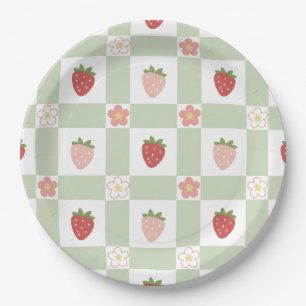 Prato De Papel Aniversário de 1 ano Gingham Verde Pastel Morango