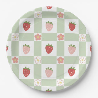 Prato De Papel Aniversário de 1 ano Gingham Verde Pastel Morango