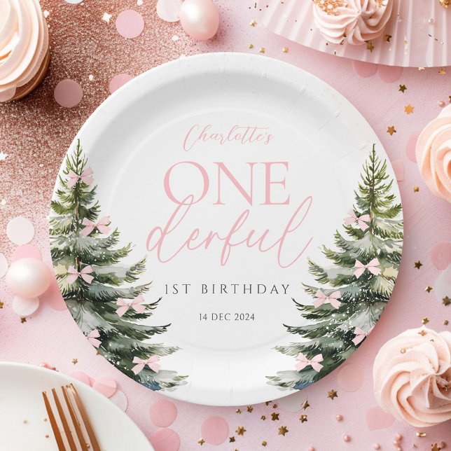 Prato De Papel Aniversário de 1 ano Onederland Winter Pink Bow (Criador carregado)