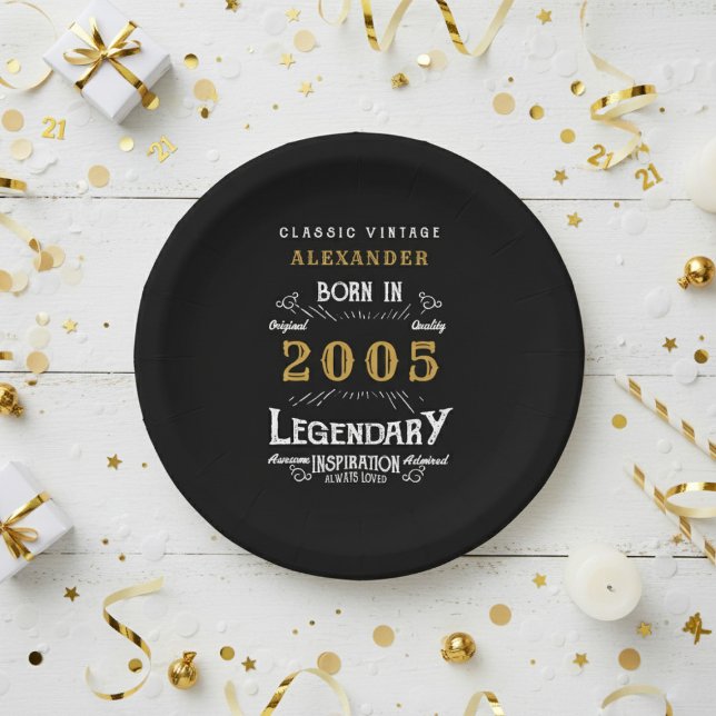 Prato De Papel Aniversário de 21 anos 2005 Lendário Retro (2005 black paper plate on a white and gold background.)
