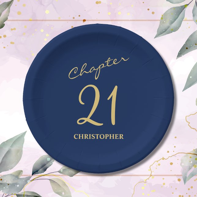 Prato De Papel aniversário de 21 anos Blue Dourado Capítulo 21 (Make your loved one's 21st birthday celebration memorable with our stunning Blue Gold paper plates)