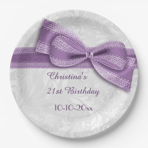 Prato De Papel Aniversário de 21 anos Damask Roxo e Laço Falso