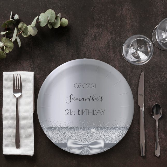 Prato De Papel aniversário de 21 anos elegante arco prateado (Criador carregado)
