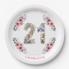 Prato De Papel aniversário de 21 anos Foto Collage Pink Flower Gi