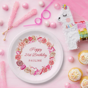 Prato De Papel aniversário de 21 anos Rosa Roses Suave Coração Su