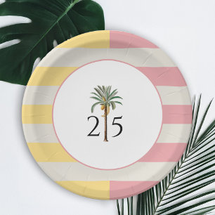 Prato De Papel Aniversário de 25 anos Faixa Tropical Pastel Palm 