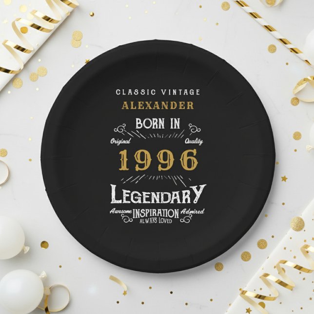 Prato De Papel Aniversário de 30 anos 1996 Lendário Retro (1996 black paper plate on a white and gold background)