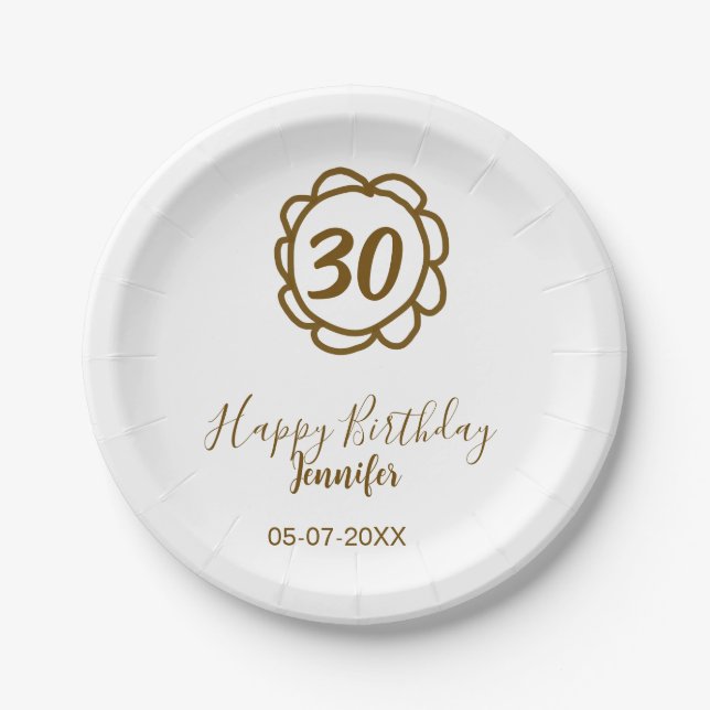 Prato De Papel aniversário de 30 anos adiciona nome data ano ouro (Frente)