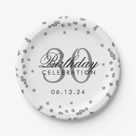 Prato De Papel Aniversário de 30 anos Branco de Confetti Silver G