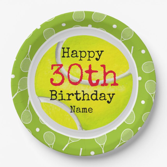 Prato De Papel aniversário de 30 anos de tênis com esfera tênis e (Frente)