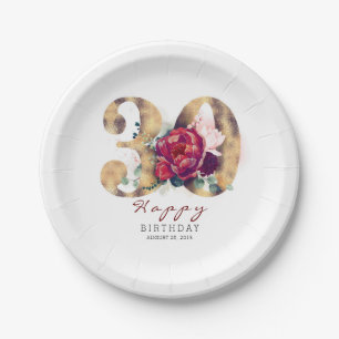 Prato De Papel Aniversário de 30 anos de Tipografia Floral Vermel