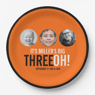 Prato De Papel aniversário de 30 anos em laranja e preto da Three